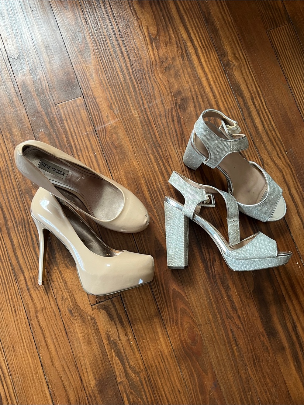 Steve Madden Nude Patent Platform Pumps & Silver Glitter Block Heels